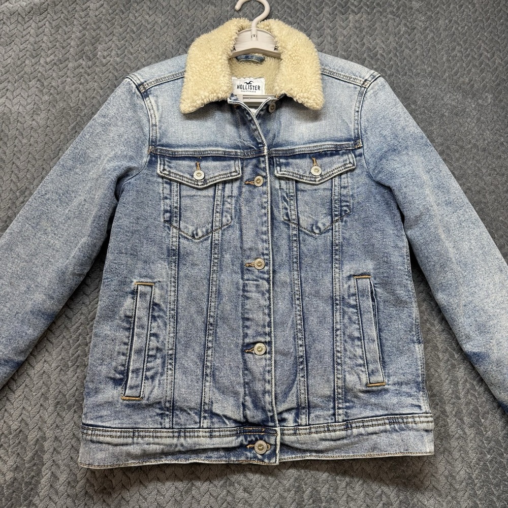 Hollister‎ Sherpa Lined Denim Trucker Jacket Women's XS Blue Faux Shearling Jean